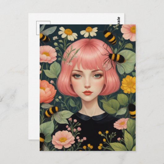 Roze Haar Honing Bijen en Bloemen Briefkaart (Voorkant / Achterkant)