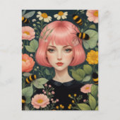 Roze Haar Honing Bijen en Bloemen Briefkaart (Voorkant)