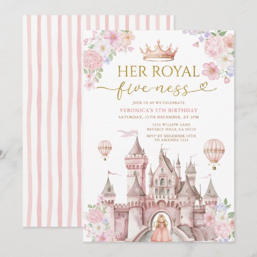 Roze Haar Koninklijke vijf-ness verjaardag Kasteel Kaart (Voorkant / Achterkant)
