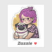 Roze Haar Meisje Hugging Een Pug Sticker (Vel)