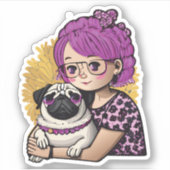 Roze Haar Meisje Hugging Een Pug Sticker (Voorkant)