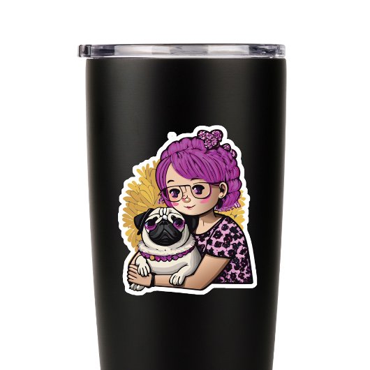 Roze Haar Meisje Hugging Een Pug Sticker