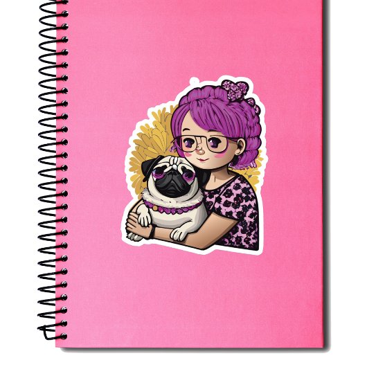 Roze Haar Meisje Hugging Een Pug Sticker