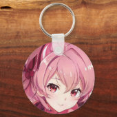 Roze haar meisje roze ogen glimlachend animatieman sleutelhanger (Voorkant)