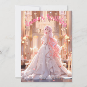 Roze haar prinses in een witte baljurk voor verjaa kaart