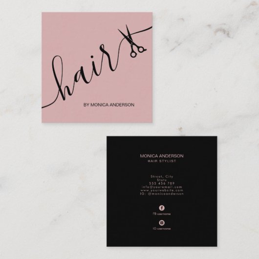Roze Haar Script Stylist Schaar Vierkante Visitekaartje (Voorkant / Achterkant)