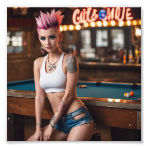 Roze Haar Tattoo Punk Zwembad Bar Meisje in gesche Foto Afdruk