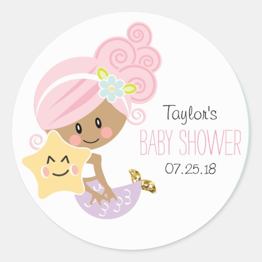Roze Haar Zeemeermin Baby shower Stickers Donkere  (Voorkant)