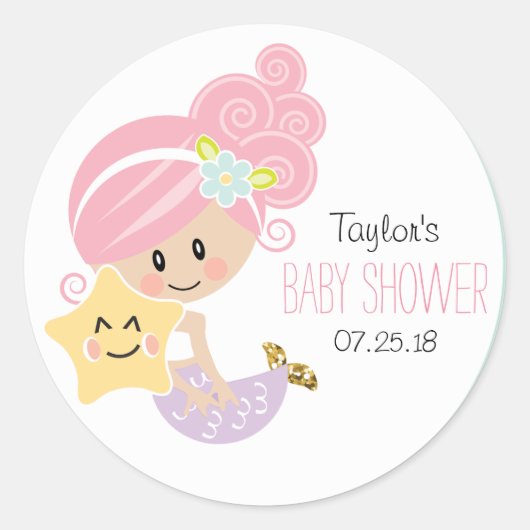 Roze Haar Zeemeermin Baby shower Stickers Lichte H (Voorkant)