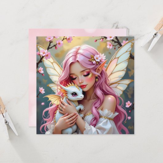Roze Haardfee en Witte Baby Draak Blank Kaart (Voorkant / Achterkant in situ)