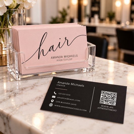 Roze Haarstylist Script QR Code Visitekaartje
