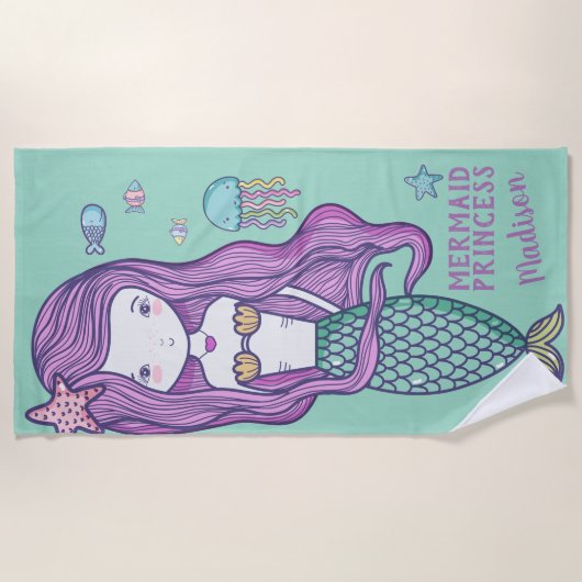 Roze Hair Mermaid en Ocean Friends Personalized Strandlaken (Voorkant)
