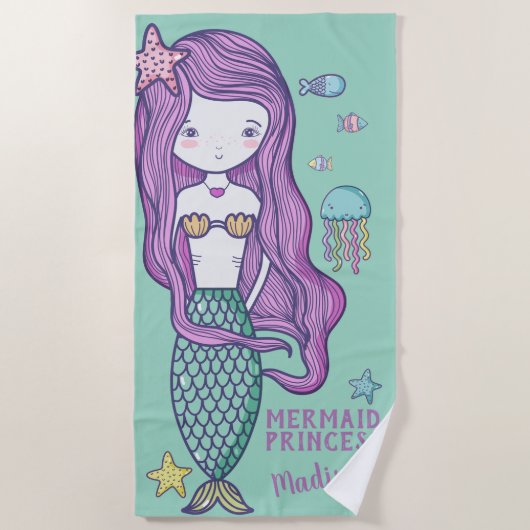 Roze Hair Mermaid en Ocean Friends Personalized Strandlaken (Voorkant)