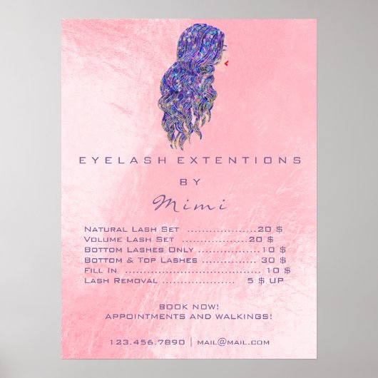 Roze hairdresser Makeup Eyes Lashes Price LIST Poster (Voorkant)
