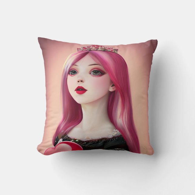  Roze Haired Princess met Tiara Kussen (Voorkant)