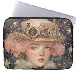 Roze-Haired Steampunk Jonge Volwassen Vrouw Laptop Sleeve