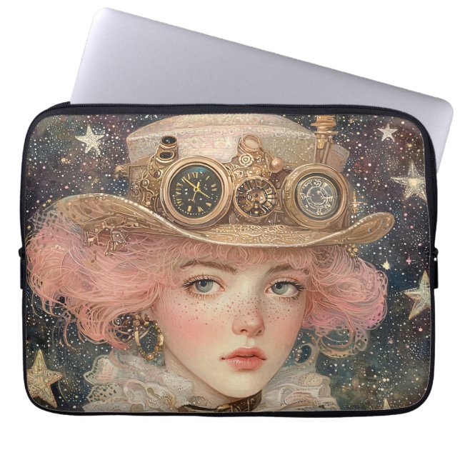 Roze-Haired Steampunk Jonge Volwassen Vrouw Laptop Sleeve (Voorkant)