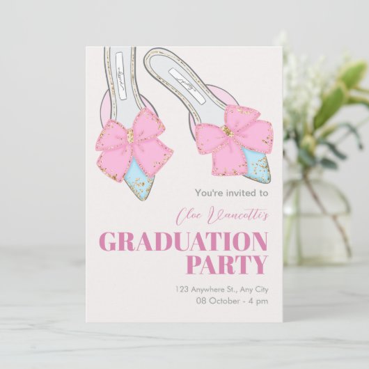 Roze hakken met lint afstuderen kaart (Staand voorkant)