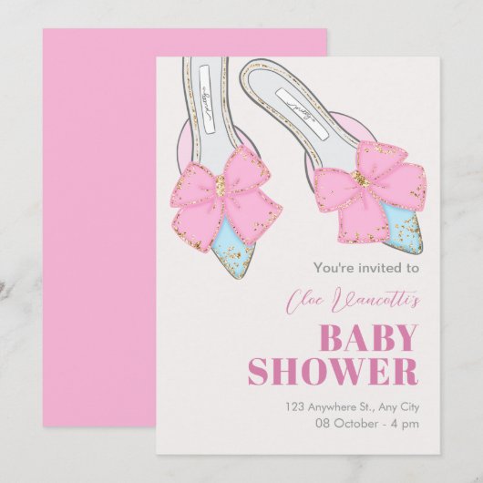 Roze hakken met lint baby shower kaart (Voorkant / Achterkant)