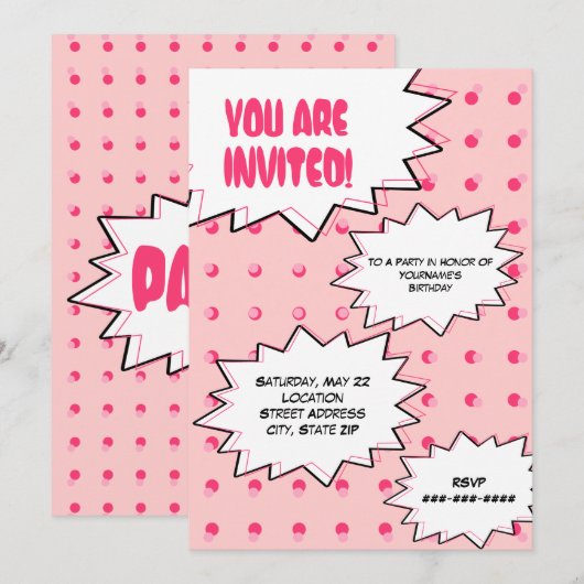 Roze Halftone Pop Art Comic geïnspireerd op zaterd Kaart (Voorkant / Achterkant)