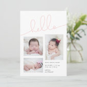 Roze Hallo Manuscript Multi Foto Girl Birth Aankondiging (Staand voorkant)