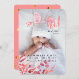 Roze "Hallo" met bladeren geboorteaankondigingskaa Aankondiging