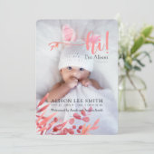 Roze "Hallo" met bladeren geboorteaankondigingskaa Aankondiging (Staand voorkant)