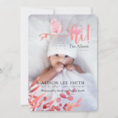 Roze "Hallo" met bladeren geboorteaankondigingskaa Aankondiging (Voorkant)