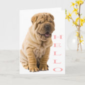 Roze Hallo Schar Pei Puppy Dog blanco Kaart (Gele Bloem)