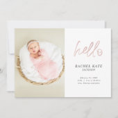 Roze Hallo Script Foto Roos Gold Polka Dot Girly Aankondiging (Voorkant)