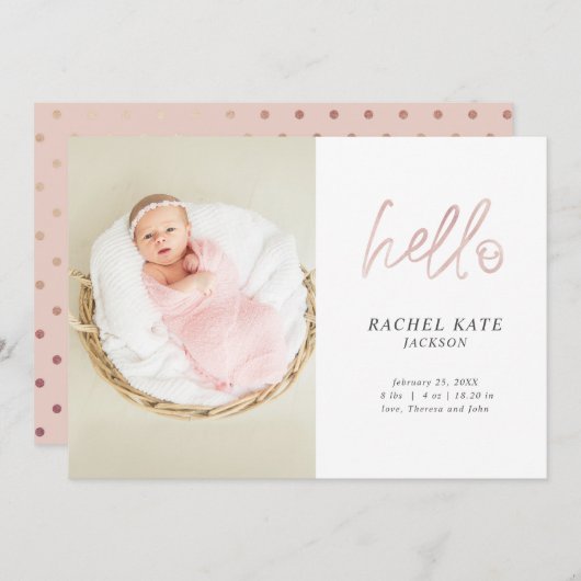 Roze Hallo Script Foto Roos Gold Polka Dot Girly Aankondiging (Voorkant / Achterkant)