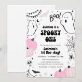 Roze Halloween 1e verjaardag Uitnodiging (Voorkant / Achterkant)