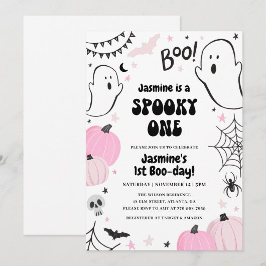 Roze Halloween 1e verjaardag Uitnodiging (Voorkant / Achterkant)