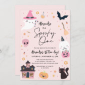 Roze Halloween 1e verjaardag Uitnodiging (Voorkant / Achterkant)