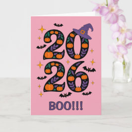 Roze Halloween 2026 Pompoenen Heksenhoed Griezelig Kaart