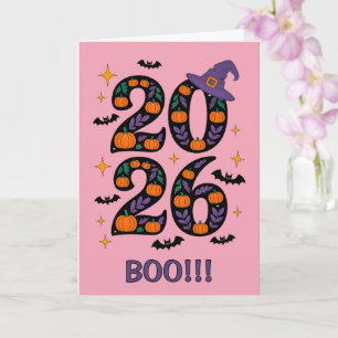 Roze Halloween 2026 Pompoenen Heksenhoed Griezelig Kaart