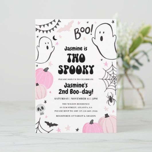 Roze Halloween 2e verjaardag Uitnodiging (Staand voorkant)