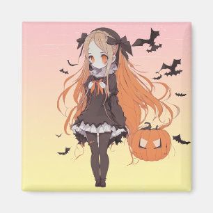 Roze Halloween Anime Meisje en Vleermuizen Magneet