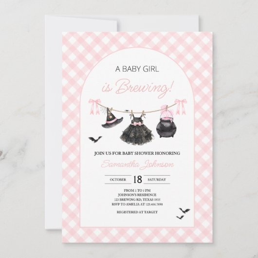 Roze Halloween Baby is het brouwen van Baby shower Kaart (Voorkant)