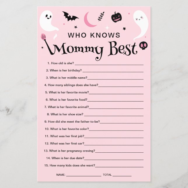 Roze Halloween Baby shower die weet mama spel (Voorkant)
