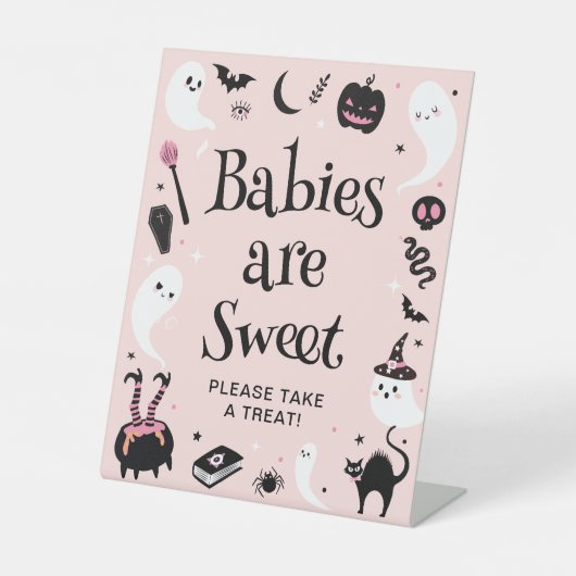 Roze Halloween Baby shower Favor Reclamebord Met Voetstuk (Voorkant)