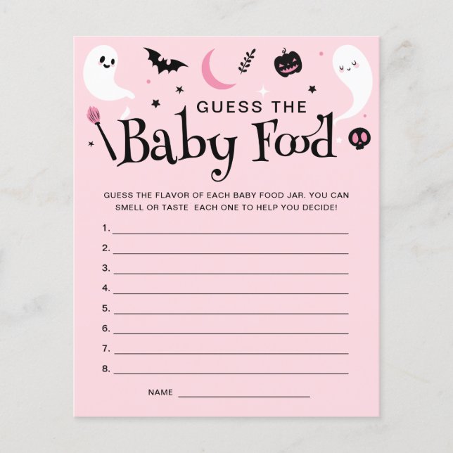 Roze Halloween Baby shower Guess Baby Food spel (Voorkant)