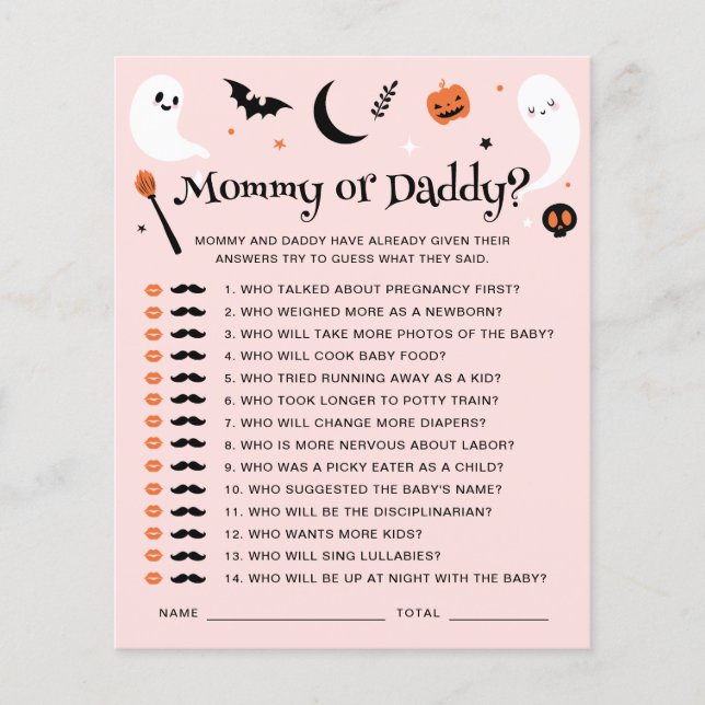 Roze Halloween Baby shower mama of papa spel (Voorkant)