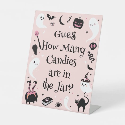 Roze Halloween Baby shower Raad eens hoeveel Snoep Reclamebord Met Voetstuk (Voorkant)