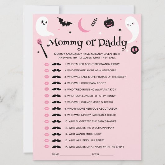 Roze Halloween Baby shower Raad Wie Game Kaart (Voorkant)
