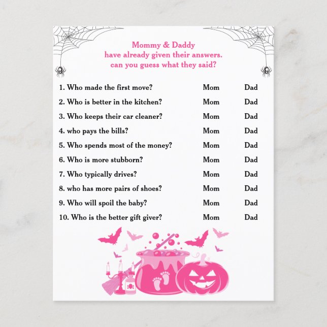 Roze Halloween Baby shower spel raden wie mam, pap (Voorkant)