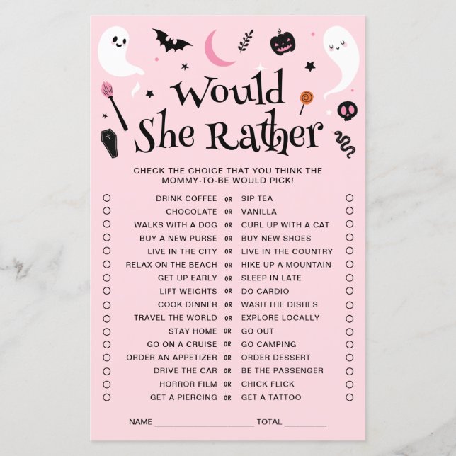 Roze Halloween Baby shower wil ze liever spel (Voorkant)