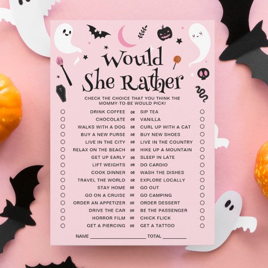 Roze Halloween Baby Shower Would She Rather Kaart