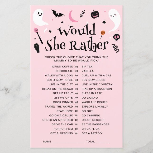 Roze Halloween Baby Shower Would Ze Liever Spel (Voorkant)