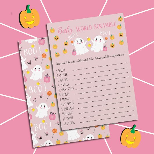 Roze Halloween Baby Word Scramble Baby shower spel Kaart
